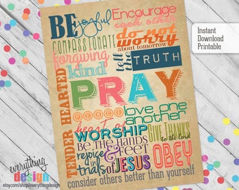 Colorful Christian Family Rules Poster, 18"x24"- 3 color options, brown, white & chalkboard background