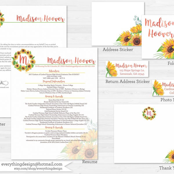 Ultimate Sorority Recruitment Packet/ Sunflower/ Custom Stationery / Social Resume / Modern Stationery / Custom Rush Packet