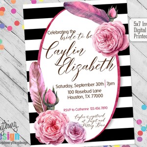 Floral Wedding Shower Invitation | Flowers & Feathers | Birthday Party | Shower | Digital | Custom | Black and White Stripe