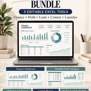 May include: A digital product bundle titled Small Business Command Center Bundle featuring 5 editable Excel tools including Finance, Profit, Leads, Content, and Launches. The display shows a laptop screen with a Finance Dashboard and various charts.