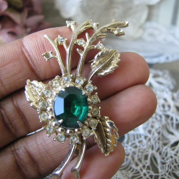 Vintage Rhinestone Brooch, Faux Emerald Brooch, Vintage Flower Brooch, Vintage Flower Brooch