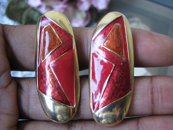 Red Enamel Earrings, 1980's Contemporary Earrings… - image 1