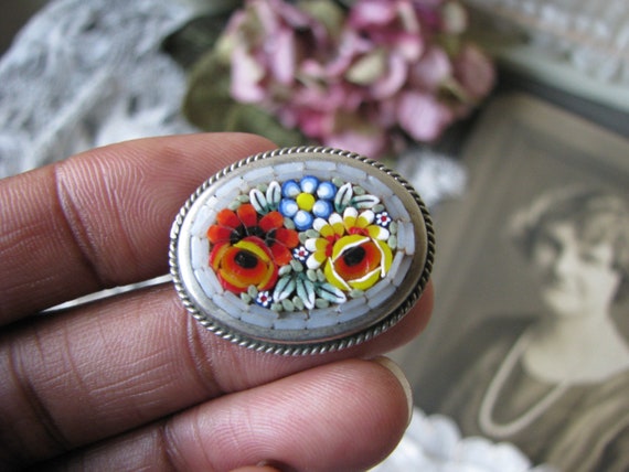 Antique Micro Mosaic Brooch, Italian Glass Tile B… - image 6
