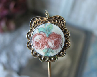 Vintage Stick Pin, Rose Stick Pin, Victorian Style Stick Pin, Enamel Stick Pin, Antiqued Stick Pin