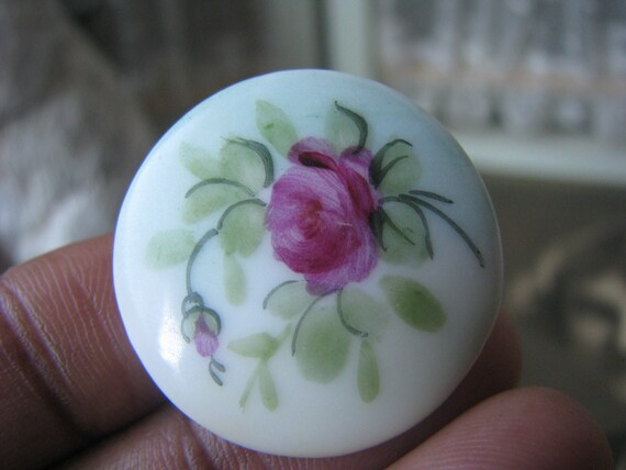 Antique Porcelain Waistcoat Stud, Hand-Painted Rose Design View 2