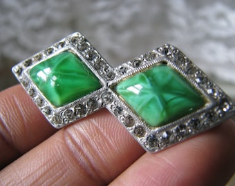 Art Deco Faux Emerald Brooch, Pot Metal Paste Bar, 1930s