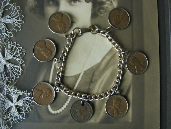 Vintage 1960's Pennies Coin Charm Bracelet, Vinta… - image 1