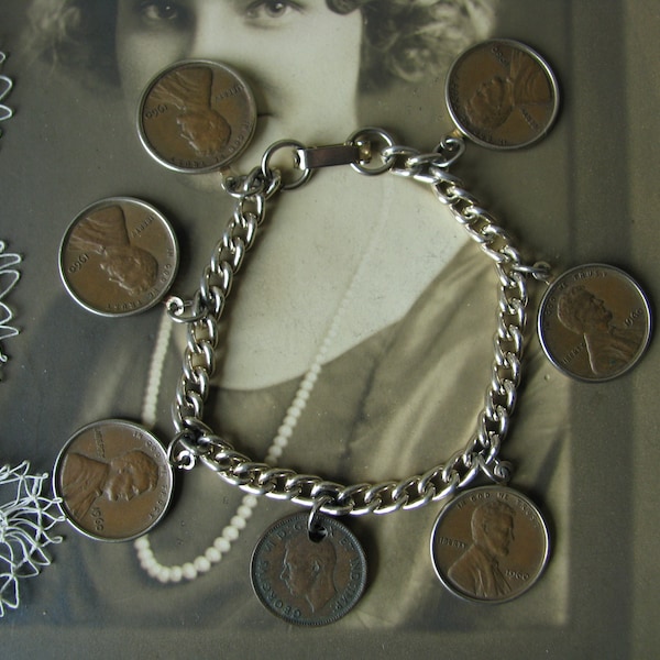 Vintage 1960's Pennies Coin Charm Bracelet, Vintage Coin Charm Bracelet, Vintage Penny Bracelet, Gypsy Coin Bracelet