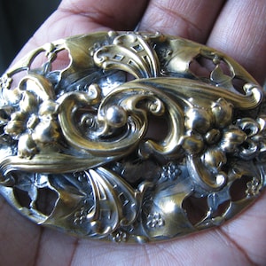 Antique Art Nouveau Brooch, Antique Floral Repousse Brooch, Art Nouveau Floral Brooch, Gold Gilt Brooch, Wedding Brooch, Bridal Brooch