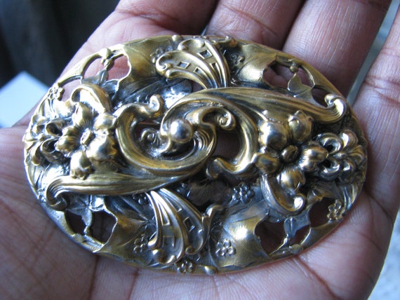 Antique Art Nouveau Brooch, Antique Floral Repous… - image 1