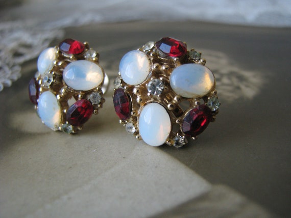 Vintage Rhinestone Earrings, Red Rhinestone Earri… - image 1