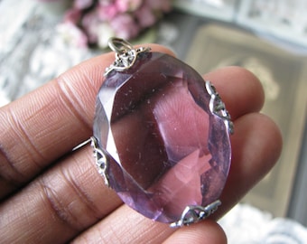Antique Art Deco Purple Paste Pendant, Rhodium Filigree