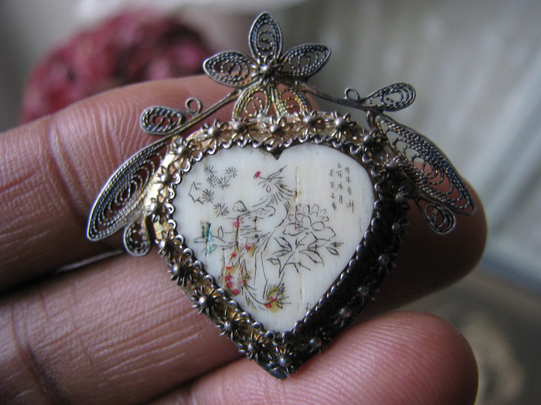 Antique Chinese Export Heart Brooch, Etched Bone & Silver Filigree