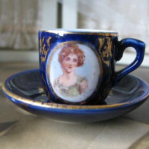 Vintage Miniature Tea Cup & Saucer, Mini Teacup and Saucer, Limoges Cobalt Cup n Saucer, Porcelain Cup and Saucer