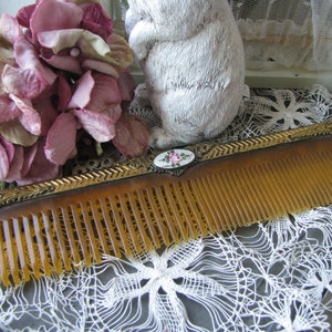 Vintage Hair Comb, Art Deco Guilloche Comb, Gold Filigree Comb, Painted Rose Comb, Art Deco Hair Comb, Wedding Gift, Bridal Gift