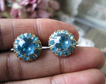 Vintage Art Deco Blue Paste Earrings, 1930s CORO Screw Backs