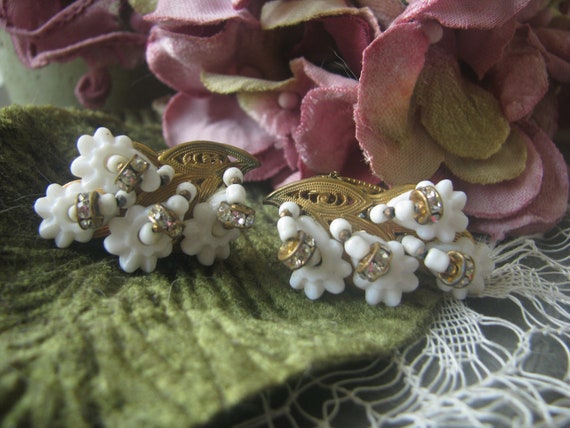 Miriam Haskell Beaded Earrings, Filigree Flower E… - image 1