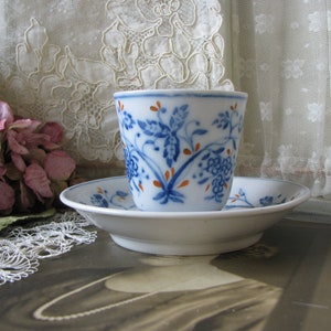Antique Handleless Cup and Saucer, No Handle Teacup and Saucer, Handelless Cup, Porcelain Handleless Cup, Blue On White, Perhaps Gaudy Welsh