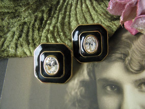 Vintage Gold Plated Crystal Black Enamel Earrings… - image 1