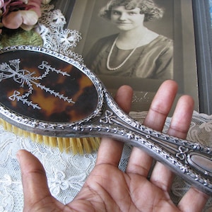 Antique Sterling Silver Hair Brush, Victorian Silver Hair Brush, Sterling Silver Inlaid Hair Brush, Horse Hair Bristle Brush