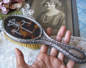 Antique Sterling Silver Hair Brush, Victorian Silver Hair Brush, Sterling Silver Inlaid Hair Brush, Horse Hair Bristle Brush