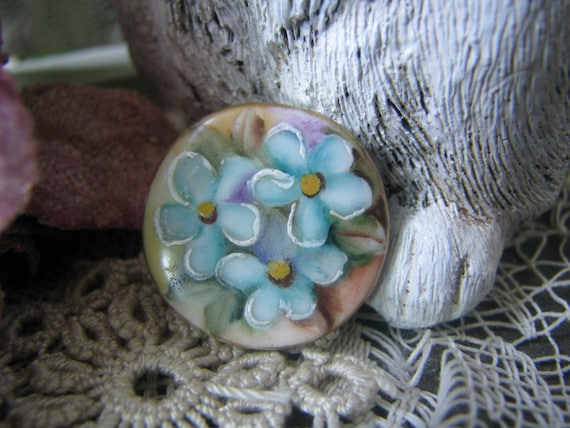 Antique Porcelain Waistcoat Stud, Hand-Painted Forget-Me-Nots