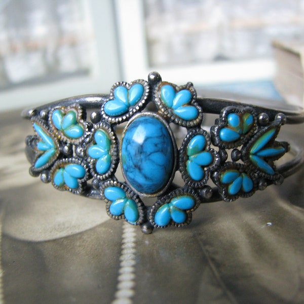 Vintage Turquoise Cuff Bracelet, Turquoise Cuff Bracelet, Native American Bracelet, Southwestern Bracelet, Hinged Cuff, Faux Turquoise