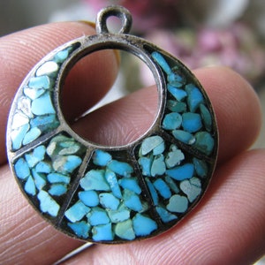 Vintage Turquoise Pendant, Crushed Turquoise Pendant, Sterling Silver and Turquoise Pendant