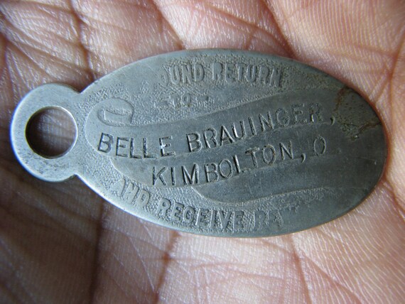 Antique Nickel Registry Tag, Belle Brauinger, Kimbolton, Ohio