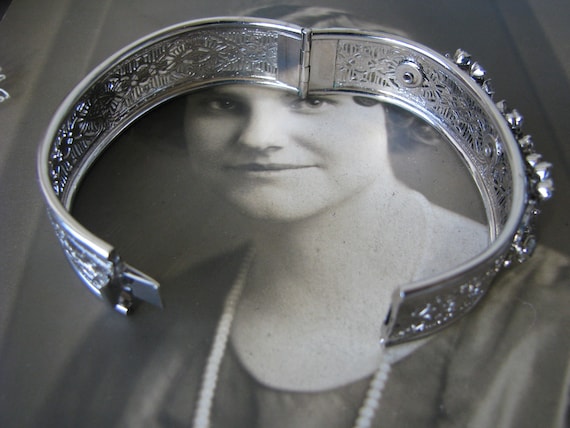 Art Deco Filigree Bracelet, Art Deco Bangle Brace… - image 9