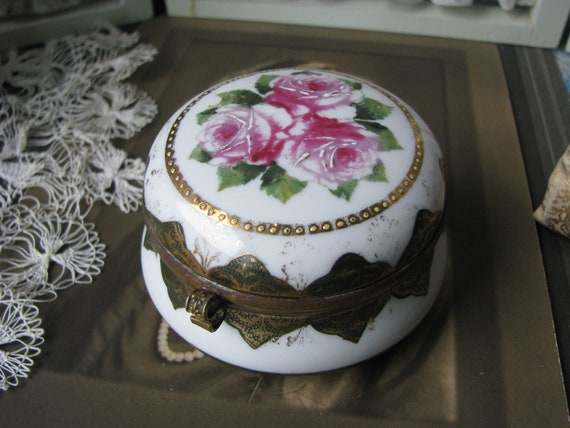 Antique Victorian Porcelain Rose Trinket Box, German Jewelry Box