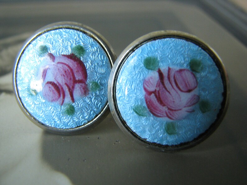 Vintage Pale Blue Gilloche Round Screw Back Earrings Wedding jewelry Bridal Jewlery