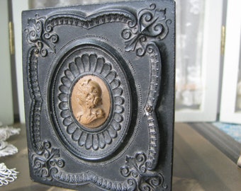 Antique Ambrotype Photo, Collodian Positive Picture, Gutta Percha Picture Frame, Volcanite Cameo, Antique Picture Book, Mourning Picture