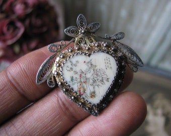 Broche Ancienne En Argent Massif - Style Chinois/Asiatique - 7cm - 19.7g - Occasion