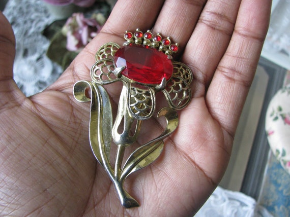 Vintage Flower Brooch, Red Paste Brooch, Art Deco
