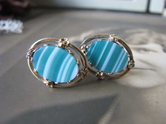 Vintage Gold Filled Earrings, Green Banded Agate … - image 1