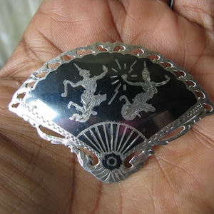 Vintage SIAM Sterling Silber Fächer Brosche, SIAM Sterling Silber Fächer Pin, 1950er Große SIAM Fächer Pin