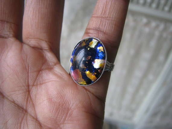 Art Deco Silver Pinkie Ring, Art Deco Art Glass R… - image 3