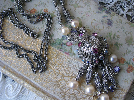 Art Deco Filigree Necklace, Art Deco Tassel Neckla