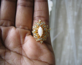 Vintage 18kt Gold Plated Opal Rhinestone Ring, Size 6