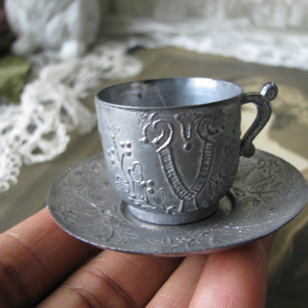 Antique Dollhouse Teacup and Saucer, Miniature Teacup and Saucer, Pewter Cup and Saucer, Victorian Doll Cup and Saucer, Antique Child Toy