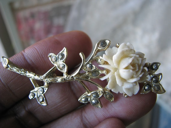 Vintage Celluloid Rose Brooch, Vintage Marcasite … - image 1