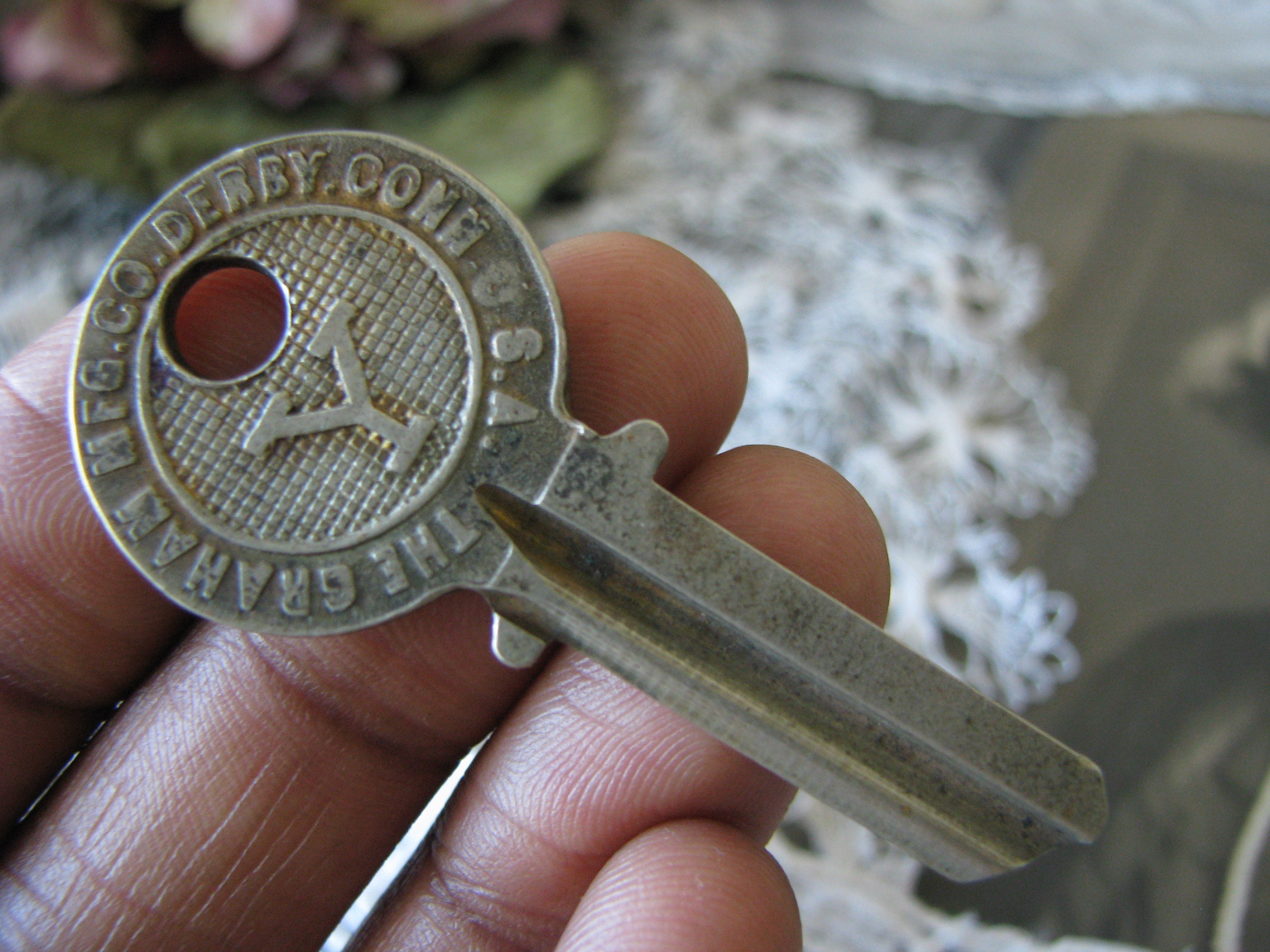 antique brass key, flat graham manufacturing co., antique pin tumbler steampunk key
