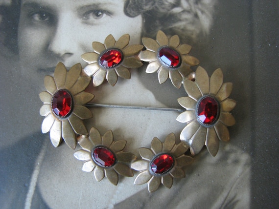 Art Deco Paste Brooch, Red Paste Brooch, Art Deco… - image 1