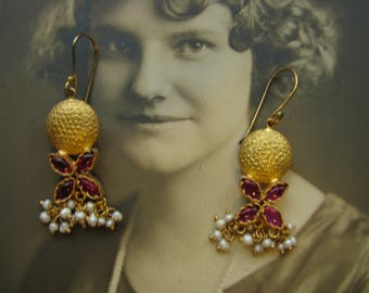 Vermeil Sterling Silver Earrings, Lab Ruby Pearl Cluster, Dangle Drop