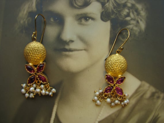 Vermeil Ruby and Pearl Cluster Earrings, Sterling… - image 1