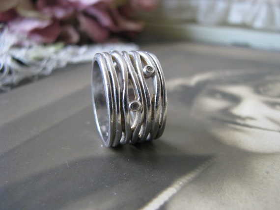 Wide Sterling Silver Band, Openwork Band Ring, CZ… - image 1