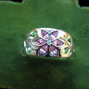 Vintage Pave CZ Flower Ring, Flower Band Ring, Silver Band Ring, Inlaid Band Ring, 18kt White Gold Plated