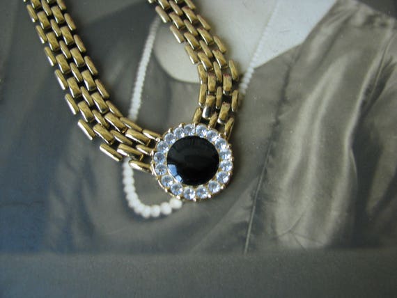 1980's Gold Plated Mesh Chain Rhinestone Black En… - image 2