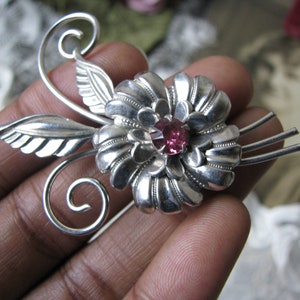 1930&#39;s Fower Brooch, Art Deco Flower Brooch, Art Deco Rhinestone Brooch, Rhodium Plate Flower Brooch, Vintage Flower Brooch